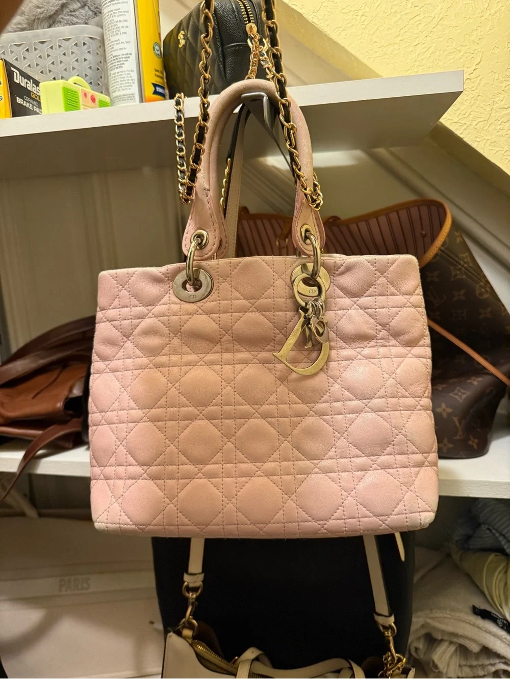 Authentic Dior Quilted Pink Tote Bag with Gold Hardware